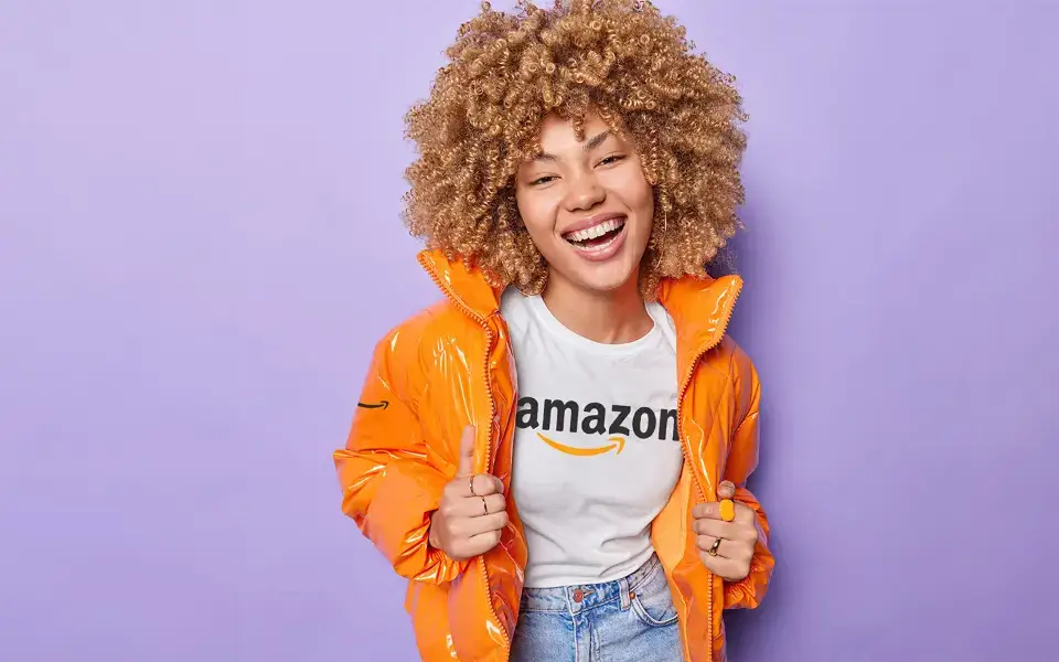 Woman wearing Amazon branded shirt