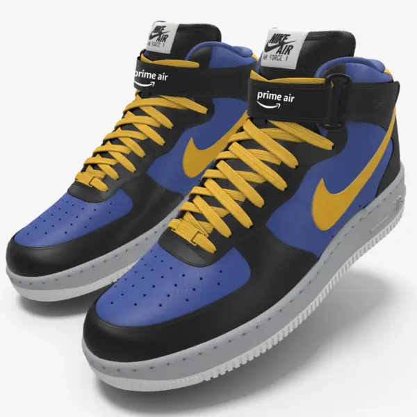 Pair of royal blue and orange Nike Air Force 1's with Prime Air Branding on the front strap